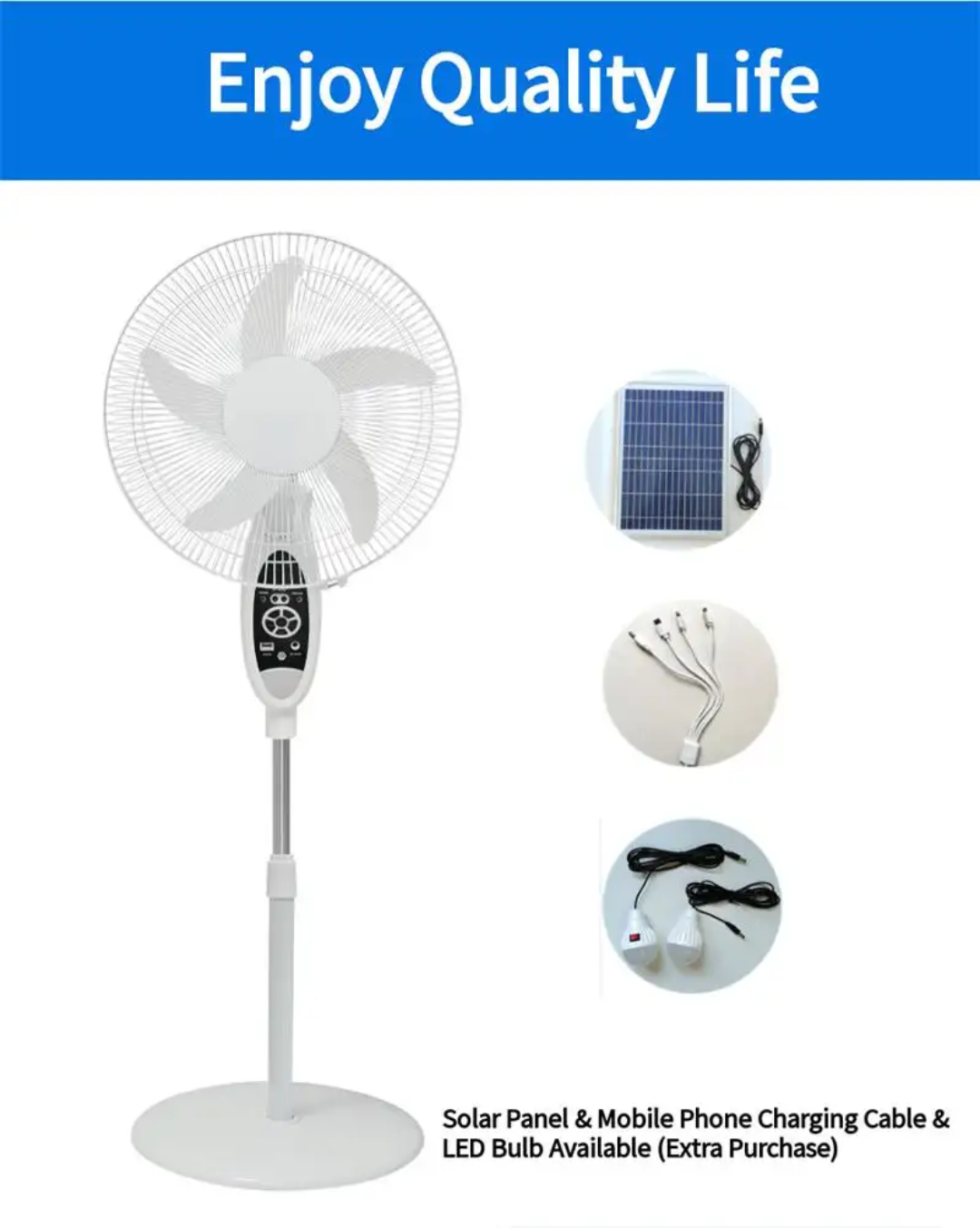Ventilateur solaire avec ventilateur lumineux LED, ventilateurs sur pied rechargeables de 16 pouces avec panneau et le telecommande