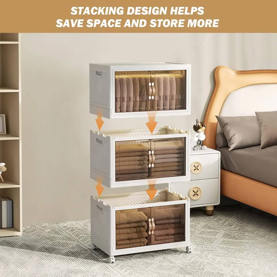 Bacs de rangement empilables avec roulettes, bacs de rangement pliables, doubles portes, boîte en plastique Grand modèle